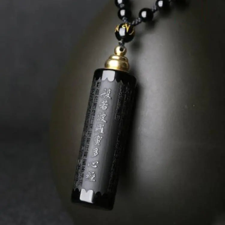 Obsidian Pendant with Diamond Sutra and Heart Sutra